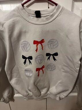 Gildan White Sweatshirt with Red and Black Bows & Volleyball Motif